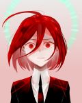  1other ahoge androgynous colored_eyelashes gem_uniform_(houseki_no_kuni) glowing hair_between_eyes highres houseki_no_kuni long_bangs looking_at_viewer necktie red_eyes redhead shinsha_(houseki_no_kuni) short_hair solo upper_body 