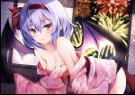  1girl all_fours alternate_costume ass bare_shoulders bat_wings blue_hair blush breasts collarbone commentary_request covering covering_breasts eyebrows_visible_through_hair fireworks floral_print hair_between_eyes hair_ribbon hairband highres hyurasan japanese_clothes kimono medium_breasts night night_sky no_hat no_headwear off_shoulder parted_lips pink_kimono red_eyes red_hairband red_ribbon remilia_scarlet ribbon short_hair sky solo touhou wings yukata 