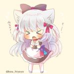  &gt;_&lt; 1girl :o american_flag american_flag_print animal_ear_fluff animal_ears apron azur_lane bangs beige_background black_bow black_dress black_sleeves blue_bow blush bow cat_ears cat_girl cat_tail chibi clenched_hands closed_eyes commentary_request detached_sleeves dress eyebrows_visible_through_hair facing_viewer fang flag_print flying_sweatdrops full_body grey_footwear hair_bow hammann_(azur_lane) hands_up kouu_hiyoyo long_hair open_mouth pantyhose puffy_short_sleeves puffy_sleeves red_bow short_sleeves silver_hair solo standing strapless strapless_dress sweat tail tail_raised translated twitter_username two_side_up very_long_hair waist_apron white_apron white_legwear wrist_cuffs 