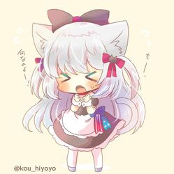  &gt;_&lt; 1girl :o american_flag american_flag_print animal_ear_fluff animal_ears apron azur_lane bangs beige_background black_bow black_dress black_sleeves blue_bow blush bow cat_ears cat_girl cat_tail chibi clenched_hands closed_eyes commentary_request detached_sleeves dress eyebrows_visible_through_hair facing_viewer fang flag_print flying_sweatdrops full_body grey_footwear hair_bow hammann_(azur_lane) hands_up kouu_hiyoyo long_hair open_mouth pantyhose puffy_short_sleeves puffy_sleeves red_bow short_sleeves silver_hair solo standing strapless strapless_dress sweat tail tail_raised translated twitter_username two_side_up very_long_hair waist_apron white_apron white_legwear wrist_cuffs 