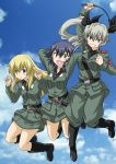  3girls :d anchovy anzio_military_uniform arm_up arms_behind_head bangs belt black_belt black_hair black_ribbon black_shirt blonde_hair boots braid brown_eyes carpaccio clenched_hand closed_mouth clouds cloudy_sky commentary_request day dress_shirt drill_hair eyebrows_visible_through_hair girls_und_panzer green_eyes green_hair grey_jacket grey_pants grey_skirt grin hair_ribbon holding jacket jumping knee_boots knife light_smile long_hair long_sleeves military military_uniform muichimon multiple_girls necktie open_mouth pants pepperoni_(girls_und_panzer) red_eyes ribbon riding_crop sam_browne_belt shirt short_hair side_braid skirt sky smile twin_drills twintails uniform v-shaped_eyebrows w_arms watermark 