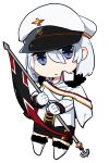  1girl azur_lane blue_eyes capelet chibi flag fur_trim gloves hair_between_eyes hat holding holding_flag jewelry looking_at_viewer military military_uniform mugino_kouji open_mouth peaked_cap sash silver_hair single_earring solo thigh-highs tirpitz_(azur_lane) uniform white_gloves zettai_ryouiki 