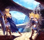  2girls :o animal_ears armored_boots bird black_leotard blonde_hair blue_cape blue_sky boots braid breasts brown_armor brown_belt cape clouds cloudy_sky commentary_request day dual_wielding eyebrows_visible_through_hair facing_away floating_hair french_braid full_body gauntlets gem hair_between_eyes hair_intakes hair_ornament highres holding holding_spear holding_sword holding_weapon hood hood_down hooded_cape kaina_(tsubasakuronikuru) landscape leotard light_particles long_hair long_sleeves looking_at_viewer looking_to_the_side moss multiple_girls orange_eyes original outdoors pauldrons polearm shade shadow shield sidelocks silhouette sky small_breasts spear standing strapless strapless_leotard sword tsurime walking water waterfall weapon wing_collar 