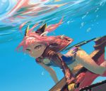  1girl ahoge arched_back azur_lane blue_swimsuit bright_pupils bubble butt_crack competition_swimsuit gloves hair_ornament highres hood hoodie jacket one-piece_swimsuit pink_hair rias-coast riding single_sleeve smile solo swimsuit two_side_up u-81_(azur_lane) underwater yellow_eyes yellow_gloves 
