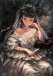  1girl artist_name bare_shoulders black_eyes black_hair bracelet braid breasts dress earrings fan folding_fan head_tilt highres holding jewelry looking_at_viewer medium_breasts necklace original parted_lips pearl_necklace short_hair sitting smile solo ueno_zousui veil white_dress 