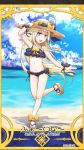  1girl abigail_williams_(fate/grand_order) arm_up bangs bare_legs bare_shoulders beach bikini black_bikini black_bow blue_sky blush bow bow_bikini brown_footwear card_(medium) clouds cloudy_sky collarbone commentary_request crossed_bandaids day eyebrows_visible_through_hair fate/grand_order fate_(series) frilled_bikini frills hand_on_headwear hat hat_bow highres horizon long_hair navel neon-tetora ocean orange_bow outdoors parted_bangs platform_footwear sand sandals sky solo standing standing_on_one_leg straw_hat swimsuit tentacle translated very_long_hair water wrist_bow 