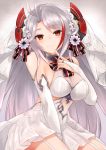  1girl alternate_costume antenna_hair arm_behind_back azur_lane bangs bare_shoulders between_legs blush breasts bridal_gauntlets bridal_veil brown_eyes cleavage closed_mouth collarbone dated dress eyebrows_visible_through_hair finger_to_mouth flower garter_straps gloves hair_between_eyes hair_ornament half-closed_eyes hand_between_legs headgear highres iron_cross large_breasts light_particles long_hair looking_at_viewer mole mole_on_breast multicolored_hair nail_polish no_bra petals pink_nails prinz_eugen_(azur_lane) redhead ryara_vivi see-through silver_hair sitting smile solo thigh-highs thighs two_side_up veil very_long_hair wedding_dress white_dress white_flower white_gloves white_hair white_legwear yokozuwari 