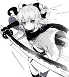  &gt;:( 1girl arm_guards bangs blush bow closed_mouth eyebrows_visible_through_hair fate/grand_order fate_(series) greyscale hair_between_eyes hair_bow haori holding holding_sword holding_weapon japanese_clothes katana kimono koha-ace long_sleeves monochrome okita_souji_(fate) okita_souji_(fate)_(all) ririko_(zhuoyandesailaer) scarf short_kimono simple_background solo sword thigh-highs v-shaped_eyebrows weapon white_background wide_sleeves 