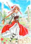  1girl bonnet braid brown_hair coat commentary_request cordelia_(saga) dress head_scarf long_hair pantyhose pillar polearm red_eyes saga saga_frontier_2 sio2_(nisankakeiso) solo striped striped_legwear twin_braids very_long_hair weapon 