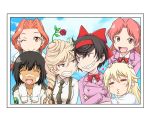  6+girls ;d =_= aung_(girls_und_panzer) bandaid bandaid_on_nose bangs black_border black_hair black_neckwear blonde_hair blue_eyes bonple_military_uniform border bow bowtie brown_eyes brown_hair character_request closed_mouth clouds cloudy_sky commentary_request crossed_arms day dress_shirt drill_hair face-to-face facepaint facing_viewer flower frown girls_und_panzer girls_und_panzer_ribbon_no_musha glaring grimace grin hair_flower hair_intakes hair_ornament hair_over_shoulder half-closed_eyes hands_on_another&#039;s_head heart hug iwami_kyuuto jacket jajka_(girls_und_panzer) long_hair looking_at_another looking_at_viewer matsukaze_rin mole mole_under_eye multiple_girls necktie one_eye_closed open_mouth outdoors photo_(object) polka_dot_neckwear ponytail pose puckered_lips purple_jacket red_eyes red_headband red_neckwear red_scrunchie redhead rose shirt short_hair single_drill sky smile standing suspenders tategoto_(emblem) tategoto_military_uniform tsuruki_shizuka uszka_(girls_und_panzer) v-shaped_eyebrows white_shirt 