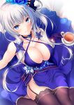  1girl alternate_costume alternate_hairstyle artist_request azur_lane bare_shoulders black_gloves black_legwear blue_choker blue_dress blue_eyes blush breasts choker cleavage collarbone cup dress eyebrows_visible_through_hair flower garter_straps gloves hair_flower hair_ornament hair_ribbon holding holding_cup illustrious_(azur_lane) large_breasts looking_at_viewer low_twintails mole mole_under_eye one_side_up ribbon silver_hair smile solo teacup thigh-highs tress_ribbon twintails 