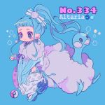  1girl altaria aqua_background bag bangs blue_bow blue_eyes blush_stickers bow character_name earrings fur_trim hair_bow handbag high_ponytail jewelry mameeekueya personification poke_ball pokemon pokemon_(creature) pokemon_number sandals sidelocks simple_background smile standing striped white_legwear 