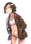  1girl bandage_on_face bandaid bandaid_on_face bangs black_eyes black_hair bra brave_witches brown_jacket closed_mouth collarbone commentary cowboy_shot frown gluteal_fold grey_bra grey_panties hands_in_pockets jack_hamster jacket kanno_naoe leaning_forward looking_at_viewer navel open_clothes open_jacket panties short_hair simple_background solo sports_bra standing underwear white_background world_witches_series 