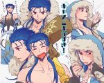  1boy bare_shoulders black_gloves blue_capelet blue_hair blush bridal_gauntlets capelet closed_eyes collarbone crystal_earrings cu_chulainn_(fate/grand_order) earrings elbow_gloves facing_viewer fate/grand_order fate_(series) fur_trim gloves grin highres holding holding_staff jewelry lancer long_hair looking_at_viewer looking_to_the_side mori_goma multiple_views red_eyes smile smoke smoking staff sweatdrop twitter_username white_background 