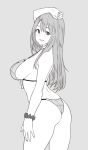  1girl arm_up ass bracelet breasts contrapposto dimples_of_venus houtengeki jewelry large_breasts long_hair looking_back monochrome navel sideboob skindentation smile solo standing swimsuit 