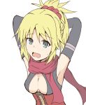  1girl arms_behind_head arms_up bangs black_gloves blonde_hair blush braid breasts cleavage commentary_request cosplay dress elbow_gloves eyebrows_visible_through_hair fate/apocrypha fate/grand_order fate_(series) gloves green_eyes hair_between_eyes hair_ornament hair_scrunchie highres koha-ace medium_breasts mitchi mordred_(fate) mordred_(fate)_(all) nose_blush okita_souji_(alter)_(fate) okita_souji_(alter)_(fate)_(cosplay) okita_souji_(fate)_(all) open_mouth ponytail red_dress red_scarf red_scrunchie scarf scrunchie simple_background solo sweat wavy_mouth white_background 