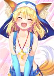  1girl :d animal_ears blonde_hair blue_gloves blush bra bucchake_(asami) closed_eyes collarbone cross cross_necklace elbow_gloves eyebrows_visible_through_hair facing_viewer flat_chest fox_ears fox_tail gloves jewelry medium_hair midriff navel necklace ootomo_sourin_(sengoku_otome) open_mouth sengoku_otome slingshot smile solo standing suspenders tail underwear upper_body white_bra 