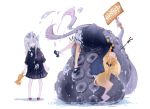  2girls abigail_williams_(fate/grand_order) black_bow black_dress blonde_hair bow dress fate/grand_order fate_(series) grey_hair holding holding_stuffed_animal holding_toy horn kona_(konahana) lavinia_whateley_(fate/grand_order) long_hair long_sleeves looking_at_another lying mary_janes multiple_girls on_back orange_bow polka_dot polka_dot_bow red_eyes red_footwear shoes standing stuffed_animal stuffed_toy tears water white_background white_bloomers 
