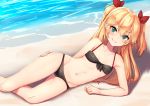  &gt;:) 1girl admiral_hipper_(azur_lane) azur_lane beach bikini black_bikini blonde_hair bow commentary_request flat_chest front-tie_bikini front-tie_top green_eyes hair_bow long_hair looking_at_viewer lying navel on_side outdoors pensuke smile solo swimsuit two_side_up 