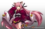  1girl :3 :d animal_ears cat_ears detached_sleeves gradient gradient_background green_eyes grey_background japanese_clothes kimono long_hair obi official_art open_mouth pink_hair sandals sash smile standing standing_on_one_leg tassel very_long_hair vixi_c watermark web_address white_legwear wide_sleeves 