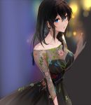  1girl :o bare_shoulders black_dress black_hair blue_eyes breasts collarbone commentary_request dress earrings fishnets floral_print hair_over_shoulder highres idolmaster idolmaster_cinderella_girls jewelry juukyuuhyaku_(tsukuwo243) large_breasts long_hair looking_at_viewer off-shoulder_dress off_shoulder sagisawa_fumika solo stud_earrings 