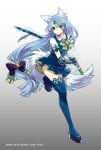  1girl animal_ears blue_eyes blue_hair blue_legwear blue_skirt bow copyright_request dress fox_ears full_body gauntlets gradient gradient_background grey_background hair_ornament hairclip holding holding_sword holding_weapon katana long_hair looking_at_viewer low-tied_long_hair official_art pinafore_dress purple_bow short_sleeves simple_background skirt standing standing_on_one_leg sword tox_tail very_long_hair vixi_c watermark weapon web_address 