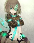  1girl aqua_eyes bobi_(user_bjq8943) bound bound_arms brown_hair dark_persona empty_eyes expressionless eyepatch gretel_(sinoalice) half-nightmare looking_at_viewer midriff navel pale_skin shaded_face sinoalice solo straitjacket 