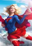  1girl bird blonde_hair blue_eyes bodysuit boots breasts cape clenched_hand clouds commentary dc_comics dove english_commentary flying highres medium_breasts miniskirt outstretched_hand pink_lips red_cape scenery skirt sky smile solo stanley_lau supergirl superhero thigh-highs thigh_boots 