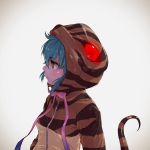  1girl bangs blue_hair breasts bright_pupils brown_eyes closed_mouth eyebrows_visible_through_hair frown hair_between_eyes henohenomomiji hood hood_up kemono_friends nose pink_ribbon profile ribbon short_hair small_breasts snake_tail solo striped_tail tail tail_raised tsuchinoko_(kemono_friends) upper_body white_pupils 