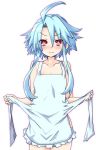  1girl apron bare_shoulders blue_hair blush breasts closed_mouth collarbone commentary commentary_request cowboy_shot hair_between_eyes iwasi-r looking_at_viewer naked_apron neptune_(series) power_symbol red_eyes short_hair_with_long_locks simple_background small_breasts solo symbol-shaped_pupils white_apron white_background white_heart 