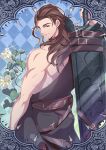  1boy argyle argyle_background belt brown_hair closed_mouth drawing_sword granblue_fantasy highres japanese_clothes kimono looking_at_viewer looking_back male_focus mazjojo off_shoulder over_shoulder scabbard sheath siegfried_(granblue_fantasy) smile solo sword weapon weapon_over_shoulder 