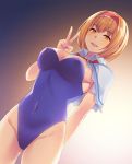  1girl alice_margatroid animated animated_png blush breasts brown_eyes brown_hair cleavage cookie_(touhou) eyebrows_visible_through_hair gradient gradient_background hairband highres hinase_(cookie) large_breasts looking_at_viewer navel open_mouth short_hair smile solo tarmo touhou v 