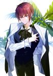  1boy arm_behind_back artist_name black_bow bow bowtie character_request closed_mouth copyright_request formal hand_on_own_chest jacket_on_shoulders looking_at_viewer male_focus plant short_hair smile solo suit sukja vest violet_eyes 