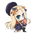  1girl :3 :o abigail_williams_(fate/grand_order) animal bangs black_bow black_cat black_dress black_footwear black_hat blonde_hair bloomers blue_eyes blush bow bug butterfly cat chibi closed_mouth commentary_request dress eyebrows_visible_through_hair fate/grand_order fate_(series) forehead full_body hair_bow hat hat_removed headwear_removed holding holding_stuffed_animal insect long_hair long_sleeves lowres orange_bow parted_bangs parted_lips polka_dot polka_dot_bow shirasu_youichi simple_background sleeves_past_fingers sleeves_past_wrists solo stuffed_animal stuffed_toy teddy_bear underwear upper_teeth very_long_hair white_background white_bloomers 