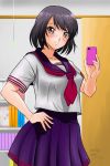  1girl artist_name bangs bedroom black_hair blouse blue_skirt blush bookshelf brown_eyes cellphone closed_mouth cowboy_shot dated hand_on_hip highres holding holding_cellphone holding_phone indoors jewelry looking_at_viewer matsui_yasutsugu mature miniskirt original phone pleated_skirt red_neckwear ring school_uniform self_shot serafuku short_hair short_sleeves signature skirt smartphone smile solo standing wedding_band white_blouse 