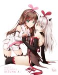  2girls a.i._channel arm_support ass bambi_nano bare_shoulders black_legwear black_shorts blue_eyes breasts brown_hair dark_persona detached_sleeves dual_persona green_eyes hairband hand_holding highres kizuna_ai long_hair looking_at_viewer medium_breasts multicolored_hair multiple_girls navel pink_hairband red_hairband reflection ribbon sailor_collar shiny shiny_skin shirt shorts silver_hair simple_background sitting smile standing thigh-highs thighs two-tone_hair virtual_youtuber white_background white_legwear white_shorts zettai_ryouiki 