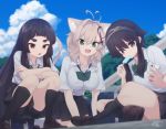  3girls :d ahoge animal_ears antenna_hair bag bangs bike_shorts black_legwear black_shorts black_skirt blue_sky blurry blurry_background bow bowtie breasts brown_eyes brown_footwear brown_hair cat_ears cellphone clouds collarbone collared_shirt crossed_arms day depth_of_field dress_shirt eyebrows_visible_through_hair fang food food_in_mouth green_eyes green_neckwear hair_between_eyes hair_flaps hair_intakes hair_ornament hairband holding holding_cellphone holding_food holding_phone kneehighs kuranami_shiki large_breasts legs_crossed light_brown_hair loafers long_hair multiple_girls natsuki_teru nekomiya_ryuu open_mouth original outdoors phone pleated_skirt popsicle red_eyes school_bag school_uniform shikibe_ayaka shirt shoes short_shorts short_sleeves shorts sidelocks signature skirt sky smile squatting thick_eyebrows v-shaped_eyebrows very_long_hair white_shirt 