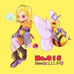  1girl beedrill black_footwear blonde_hair character_name cigarette earrings full_body hood hood_down invisible_chair jacket jewelry looking_at_viewer mameeekueya medium_hair mouth_hold orange_jacket orange_skirt personification poke_ball pokemon pokemon_(creature) pokemon_number red_eyes short_hair simple_background sitting skirt sleeves_past_fingers sleeves_past_wrists smoke smoking striped striped_skirt white_legwear yellow_background 