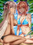  2girls :d ahoge arm_at_side bangs bare_legs bare_shoulders barefoot beach bikini black_bikini black_bow blue_bikini blue_sky blush bow breasts closed_mouth collarbone commentary_request dark_skin eyebrows_visible_through_hair farys_(afopahqfw) fate/grand_order fate_(series) from_side groin hair_between_eyes hair_bow hair_ornament hair_ribbon half_updo halter_top halterneck hand_up highres koha-ace large_breasts leaf long_hair looking_at_viewer multiple_girls navel okita_souji_(alter)_(fate) okita_souji_(fate) okita_souji_(fate)_(all) open_mouth outdoors plant red_ribbon ribbon shiny shiny_skin short_hair side-tie_bikini sideboob sidelocks sitting skindentation sky smile soles stomach string_bikini swimsuit tassel thong tied_hair toes under_boob v very_long_hair wariza white_hair yellow_eyes 