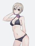  1girl bikini black_bikini black_eyes cowboy_shot grey_background grey_hair highres idolmaster idolmaster_cinderella_girls looking_at_viewer navel o-ring o-ring_bottom shiomi_shuuko short_hair simple_background smile solo standing swimsuit yuura 