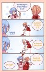  2girls 4koma ? blonde_hair blush brown_eyes closed_mouth comic commentary english flandre_scarlet highres lavender_hair looking_at_another multiple_girls open_mouth parted_lips remilia_scarlet short_hair short_ponytail side_ponytail sparkle speech_bubble touhou wings yoruny 