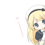  1girl bangs beret black_bow blonde_hair blue_eyes blue_sailor_collar blue_shirt blush bow closed_mouth eyebrows_visible_through_hair gloves hat jervis_(kantai_collection) kantai_collection long_hair peeking_out puffy_short_sleeves puffy_sleeves rinechun sailor_collar school_uniform serafuku shirt short_sleeves simple_background solo white_background white_gloves white_hat 