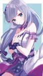  1girl bare_shoulders blue_background blue_eyes border bow collarbone dress hands_on_own_chest idolmaster idolmaster_million_live! idolmaster_million_live!_theater_days long_hair looking_at_viewer misumi_(macaroni) purple_bow purple_ribbon ribbon shiraishi_tsumugi silver_hair simple_background solo white_border white_dress wrist_cuffs 