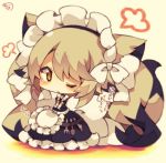  1girl blonde_hair blush chibi commentary_request crying crying_with_eyes_open fork full_body knife looking_at_viewer maid maid_headdress muuran one_eye_closed original solo spoon standing tears translated v_arms yellow_eyes 