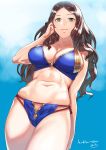  1girl arm_behind_back artist_name bikini blue_background blue_bikini breasts brown_hair cleavage closed_mouth cowboy_shot green_eyes hand_in_hair jack_hamster large_breasts light_smile long_hair looking_at_viewer navel original signature skindentation solo standing swimsuit 