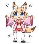  1girl :3 :d animal_ears bangs bell black_footwear blue_eyes blush bow death eyebrows_visible_through_hair fox_ears fox_girl fox_tail full_body hair_between_eyes jingle_bell kanikama kemomimi_oukoku_kokuei_housou light_brown_hair long_hair long_sleeves looking_at_viewer lowres mikoko_(kemomimi_oukoku_kokuei_housou) navel open_mouth outstretched_arms pleated_skirt red_bow red_skirt ribbon-trimmed_legwear ribbon_trim skirt smile solo spread_arms standing tail thigh-highs twintails very_long_hair virtual_youtuber white_background white_legwear wide_sleeves zouri 
