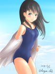  1girl absurdres asashio_(kantai_collection) black_hair blue_eyes blue_sky blue_swimsuit blush collarbone dangan_kurabu dated eyebrows flat_chest highres kantai_collection long_hair looking_at_viewer ocean shirt sky smile solo swimsuit swimsuit_under_clothes twitter_username undressing water 