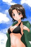  1girl :o artist_name bangs bikini black_bikini blush breasts brown_eyes brown_hair cleavage clouds cloudy_sky commentary day girls_und_panzer green_jacket jacket looking_at_viewer matsui_yasutsugu medium_breasts navel o-ring o-ring_bikini open_clothes open_jacket outdoors parted_bangs parted_lips sawa_azusa short_hair signature sky solo standing swimsuit undressing upper_body 