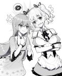  2girls anger_vein apron bangs blush bow breasts clenched_teeth crossed_arms detached_collar doughnut dress eyebrows_visible_through_hair flying_sweatdrops food food_on_face frilled_apron frills greyscale hair_between_eyes hair_ribbon hands_up long_hair medium_breasts monochrome multiple_girls nose_blush open_mouth original puffy_short_sleeves puffy_sleeves ribbon ririko_(zhuoyandesailaer) short_hair short_sleeves sleeveless sleeveless_dress spoken_food teeth twintails v-shaped_eyebrows very_long_hair waist_apron wide_sleeves 