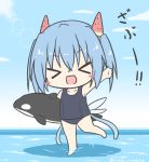  &gt;_&lt; 1girl :d bangs bare_arms bare_legs bare_shoulders barefoot black_swimsuit blue_hair blue_sky blue_wings blush_stickers carrying_under_arm chibi closed_eyes clouds collarbone day eyebrows_visible_through_hair facing_viewer fairy_wings food_themed_hair_ornament hair_between_eyes hair_ornament horizon inflatable_orca inflatable_toy old_school_swimsuit open_mouth original outdoors outstretched_arm rinechun school_swimsuit shallow_water sidelocks sky smile solo standing standing_on_one_leg swimsuit twintails twitter_username water watermelon_hair_ornament wings xd 